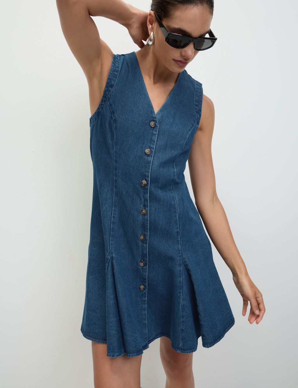 M&S Pure Cotton Denim Mini Skater Dress - 18PET, Denim