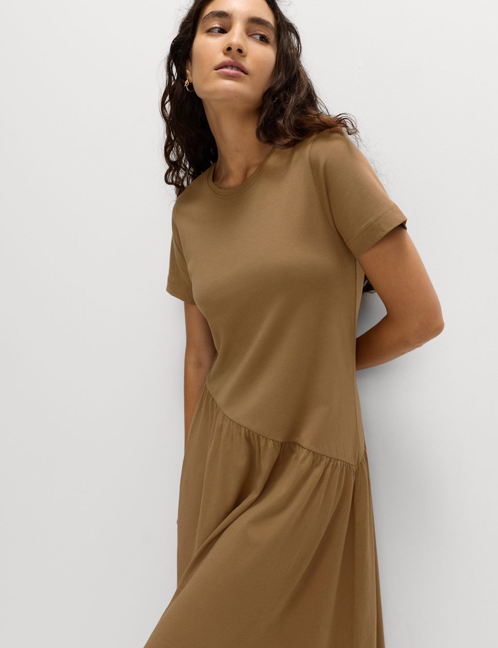 M&S Pure Cotton Midi Drop Waist T-Shirt Dress - 10TAL - Caramel, Caramel