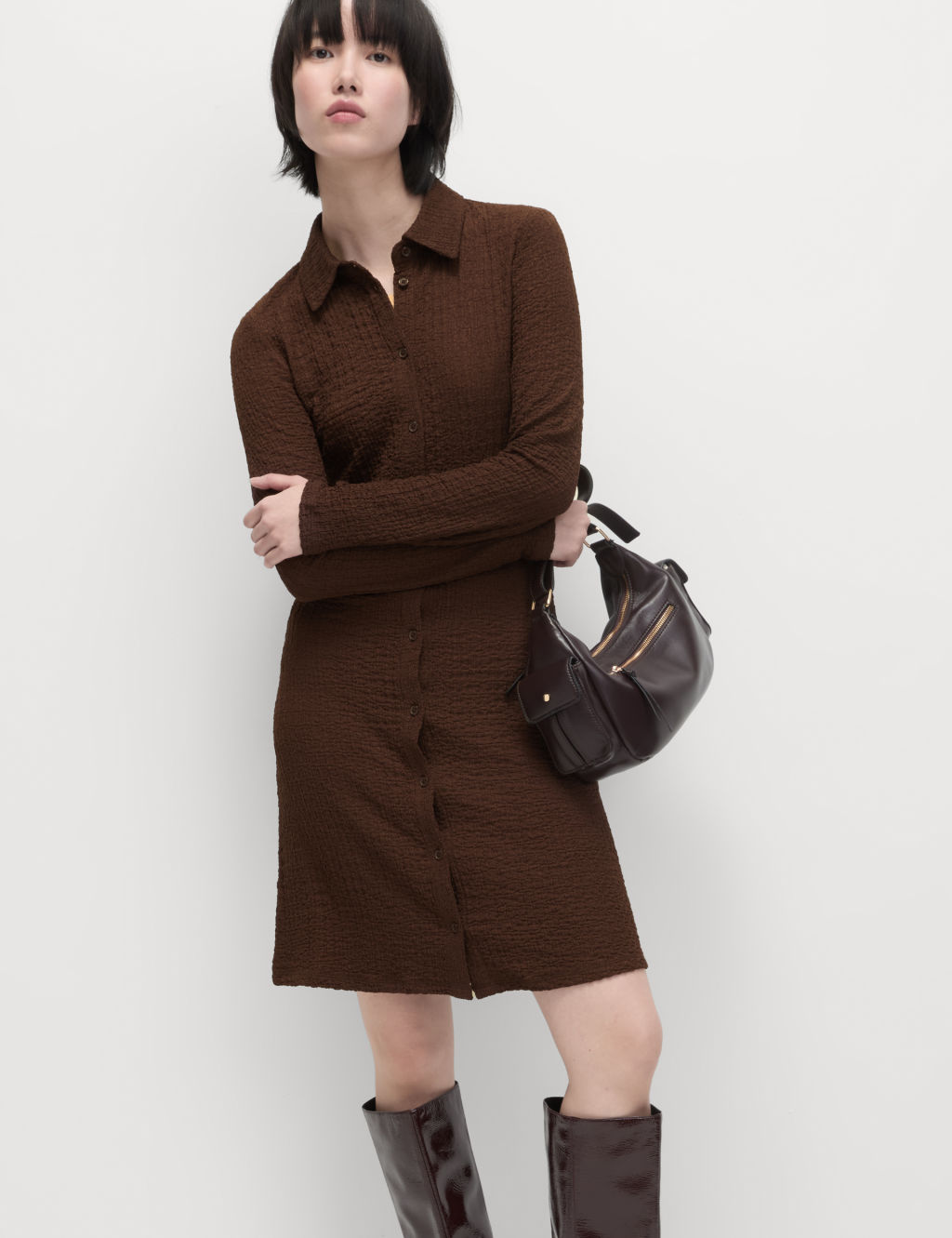 M&S Textured Collared Button Through Mini Column Dress - 6Pet - Dark Chocolate, Dark Chocolate
