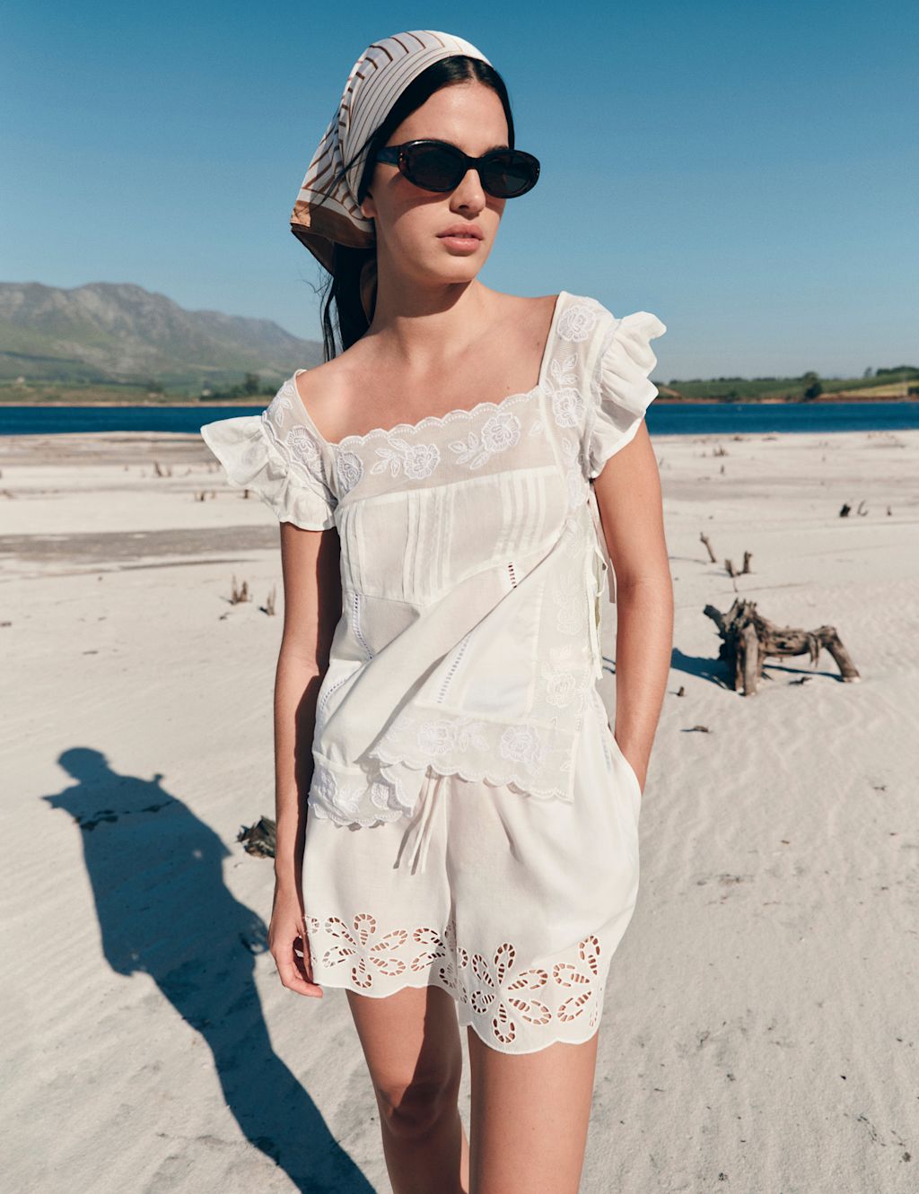 M&S Pure Cotton Lace Bib Detail Embroidered Top - 14 - Soft White, Soft White