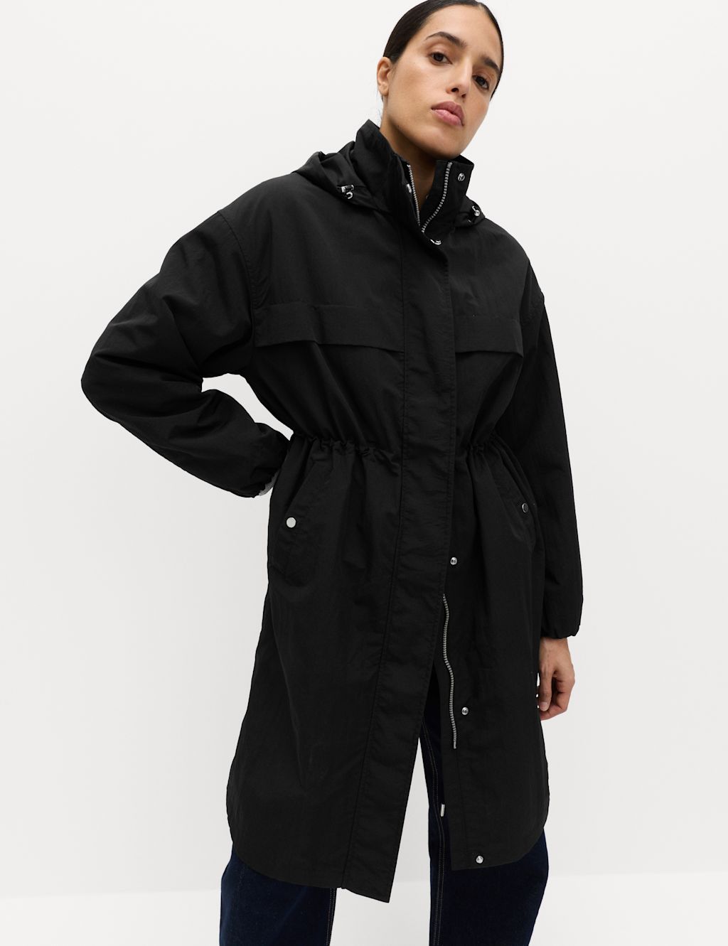 M&S Shower Resistant Lightweight Hooded Longline Utility Parka - Large - Black, Black