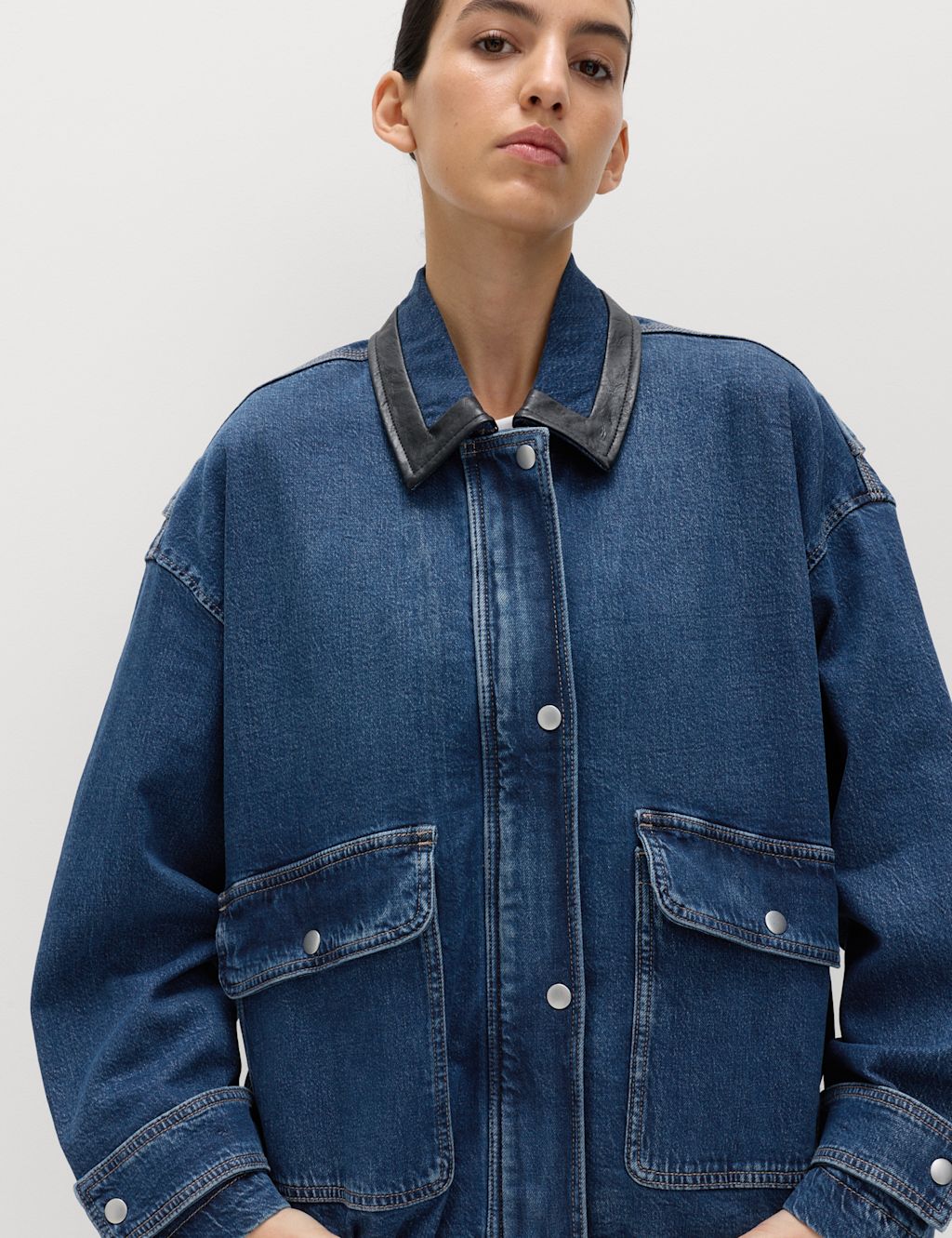 M&S Denim Relaxed Bomber Jacket - Extra Large - Medium Indigo, Medium Indigo