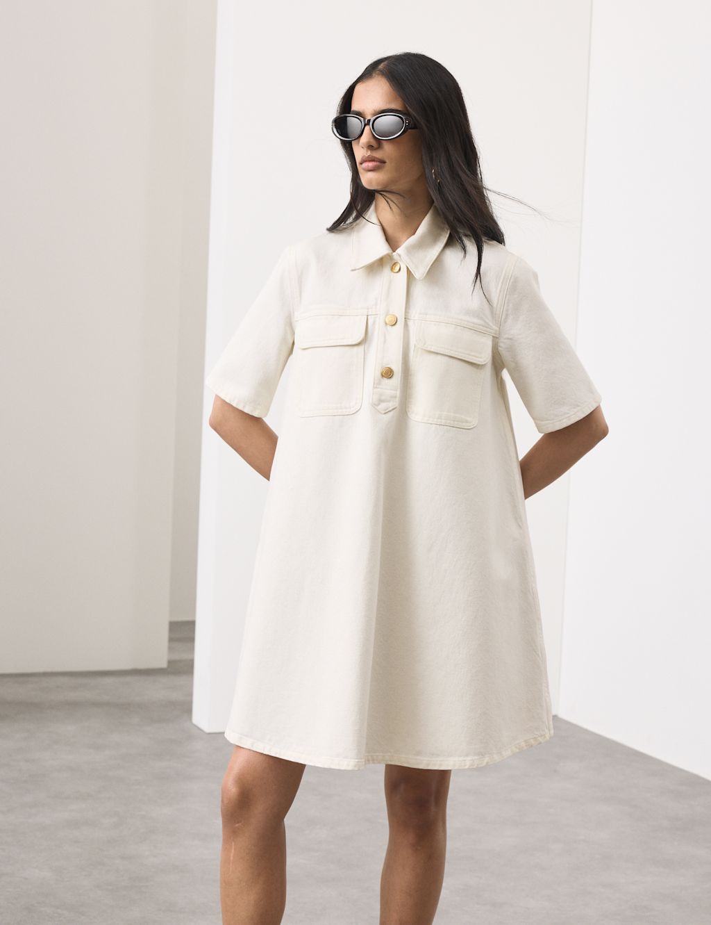 Autograph Pure Cotton Mini Shirt Dress - 12 - Soft White, Soft White