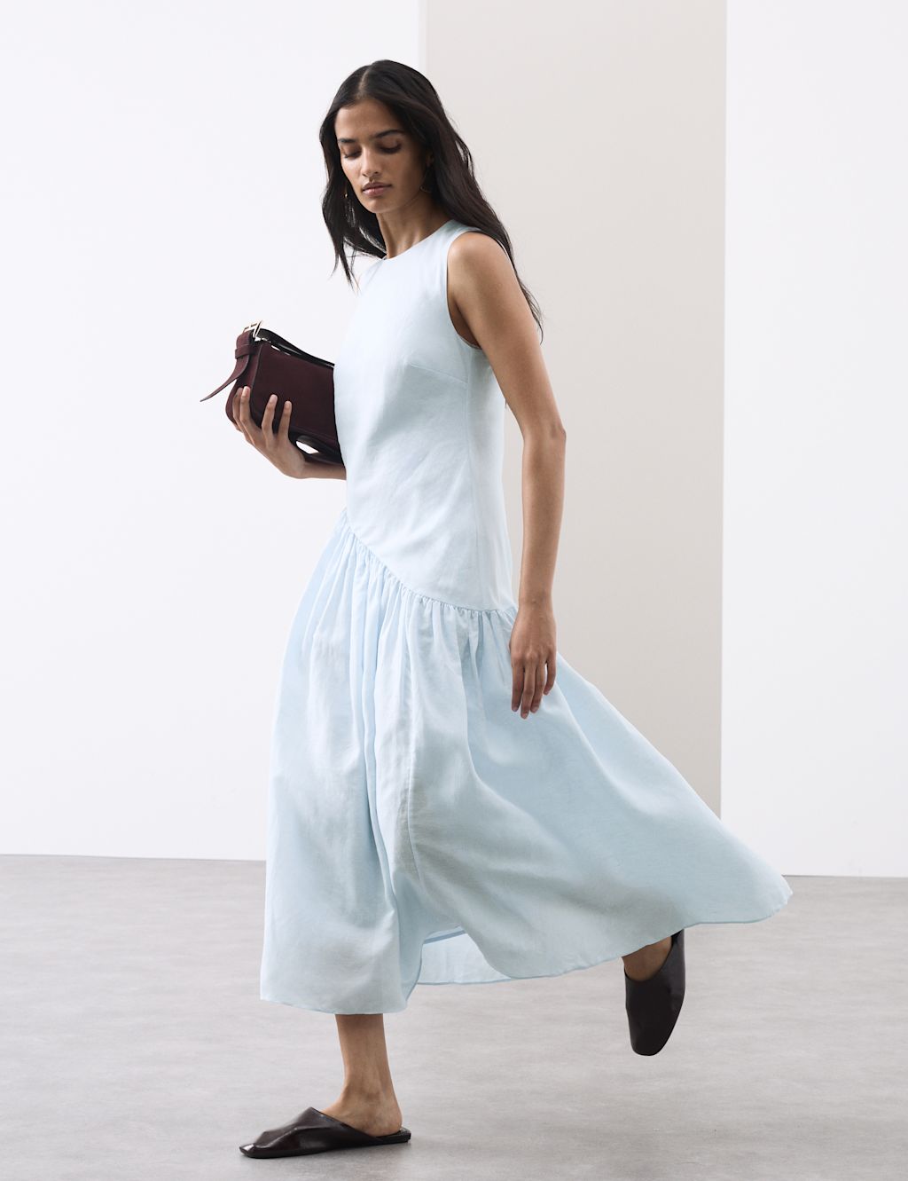 Autograph Linen Rich Asymmetric Midaxi Dress - 12 - Dusty Blue, Dusty Blue