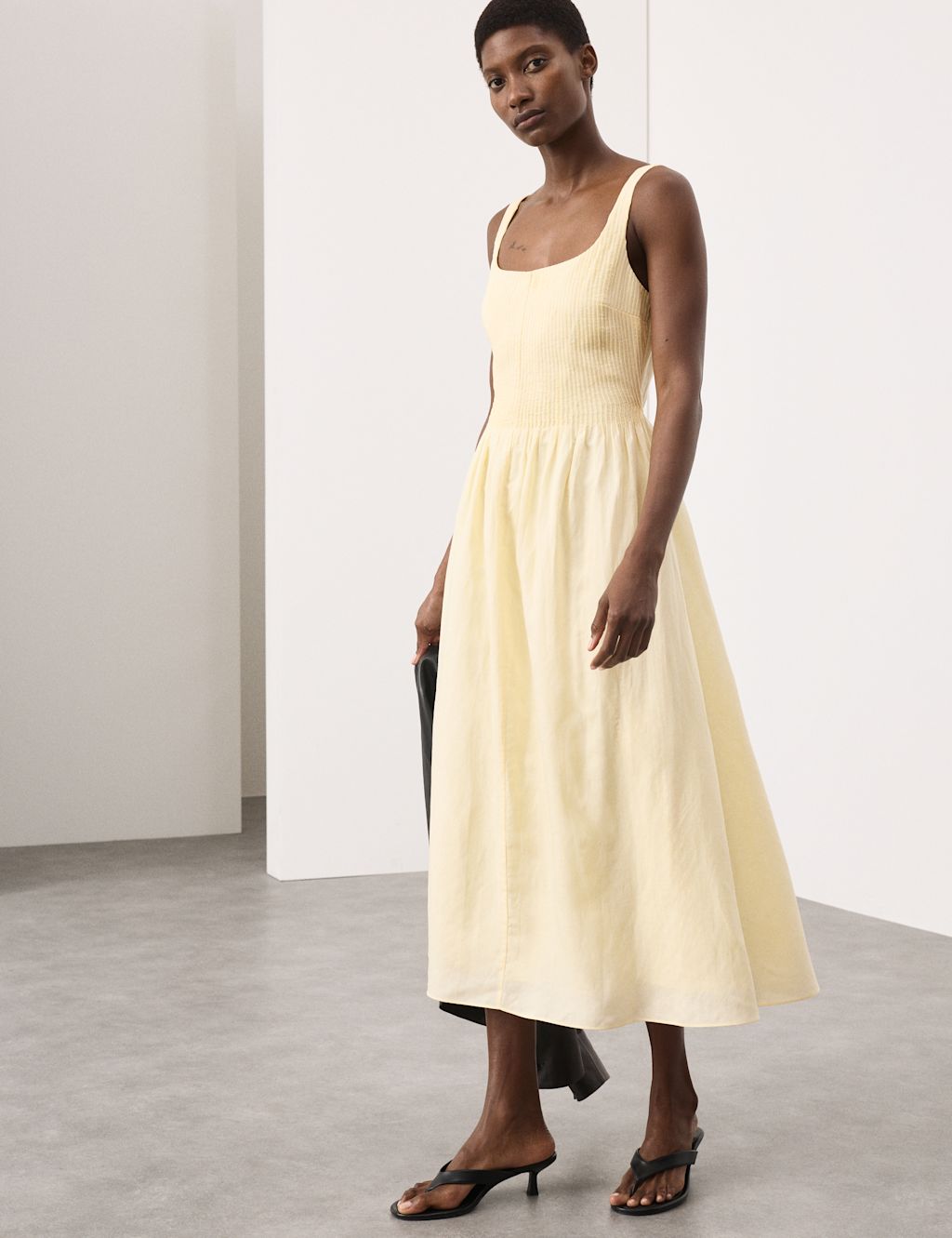 Autograph Linen Rich Pintuck Midaxi Skater Dress - 10 - Soft Yellow, Soft Yellow