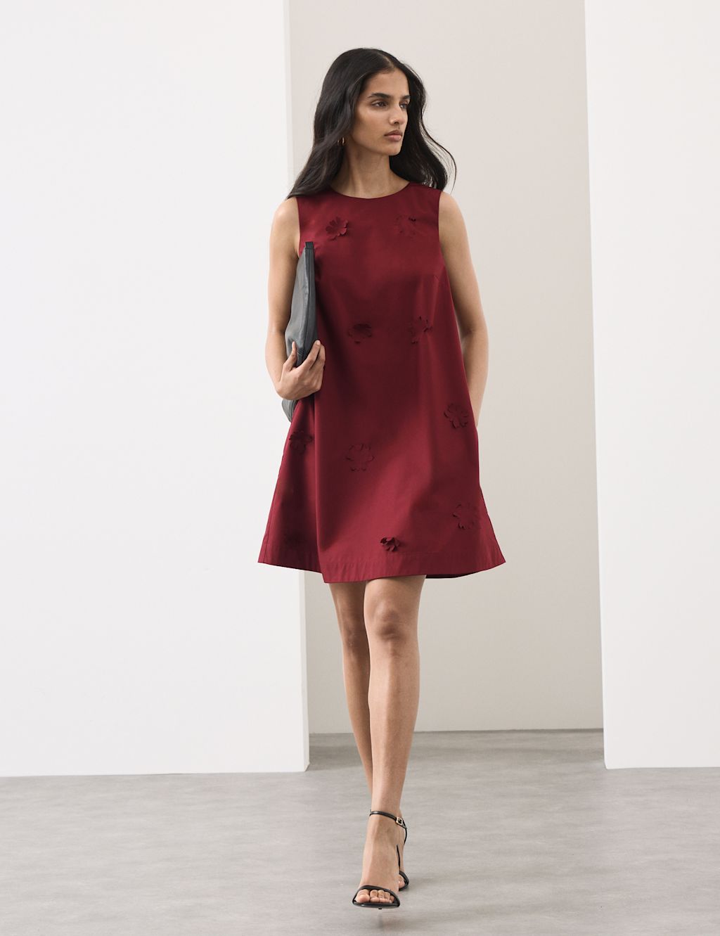 Autograph Cotton Blend Floral Cutwork Detail Dress - 10 - Dark Cranberry, Dark Cranberry