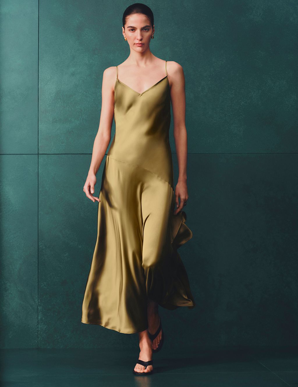Autograph Satin Ruffle Maxi Slip Dress - 14 - Moss, Moss