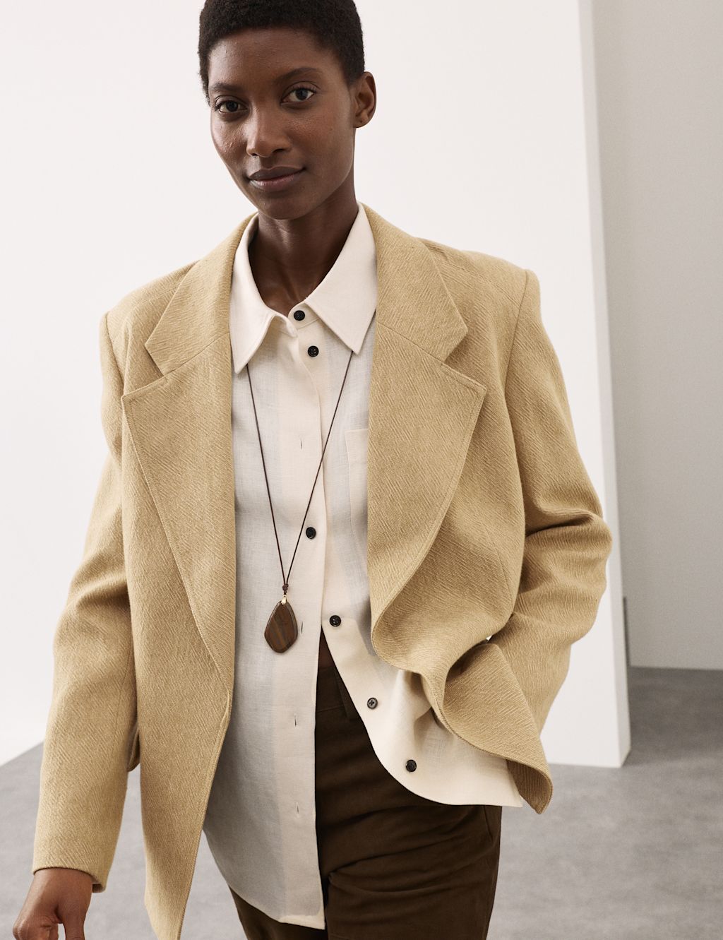 Autograph Flax Linen Blend Relaxed Textured Blazer - 12 - Khaki, Khaki