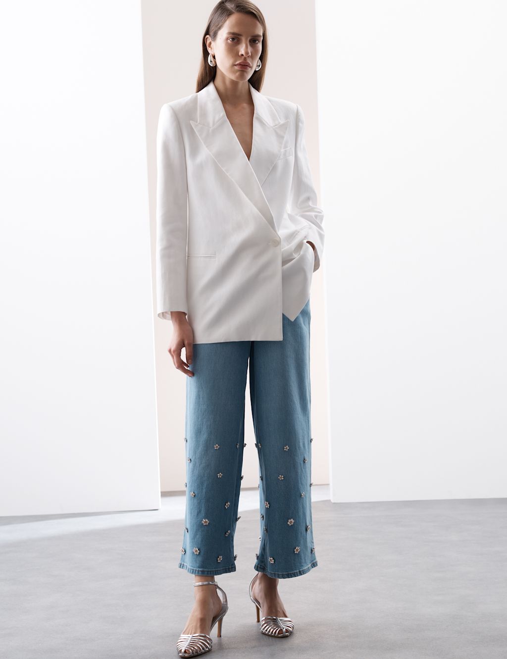 Autograph Denim High Waisted Embellished Wide Leg Jeans - 24 - Medium Indigo, Medium Indigo
