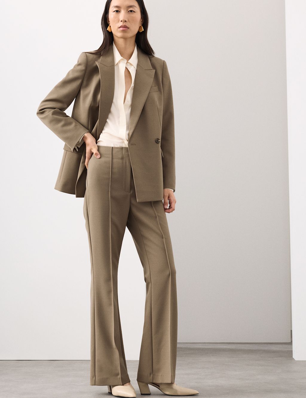 Autograph Wool Blend Seam Detail Flared Trousers - 10 - Neutral, Neutral