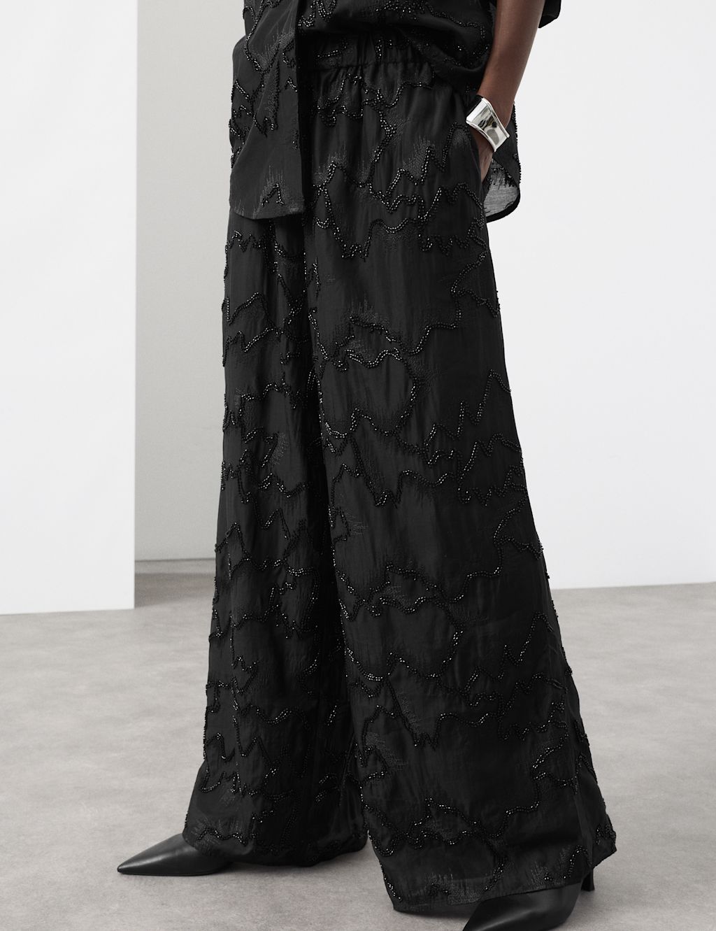Autograph Lyocell Rich Beaded Wide Leg Trousers - 10 - Black, Black