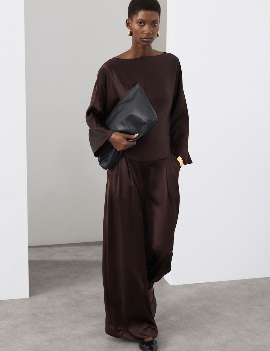 Autograph Satin Wide Leg Trousers - 16 - Chocolate, Chocolate