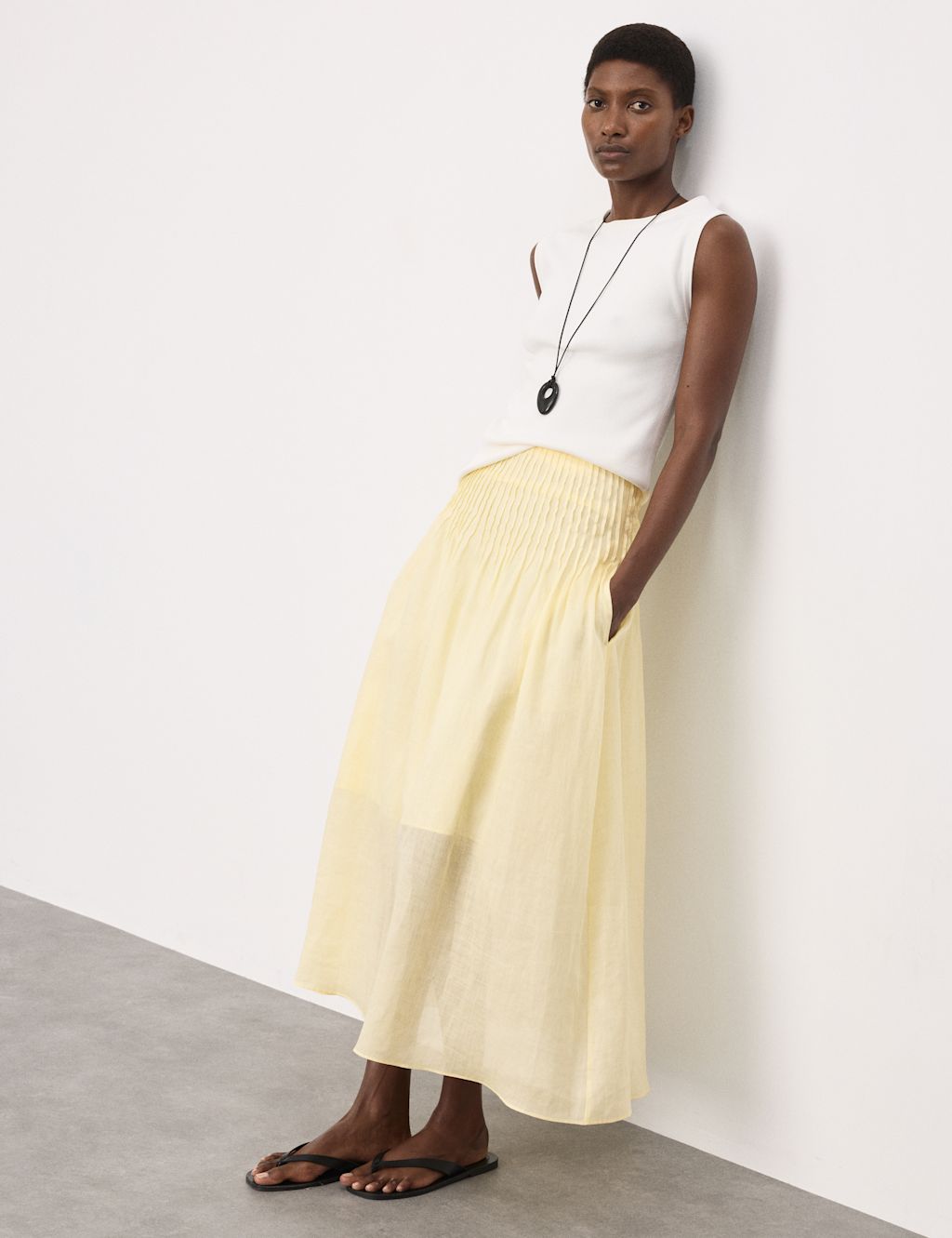 Autograph Pure Ramie Pintuck Maxi A-Line Skirt - 12 - Pale Yellow, Pale Yellow