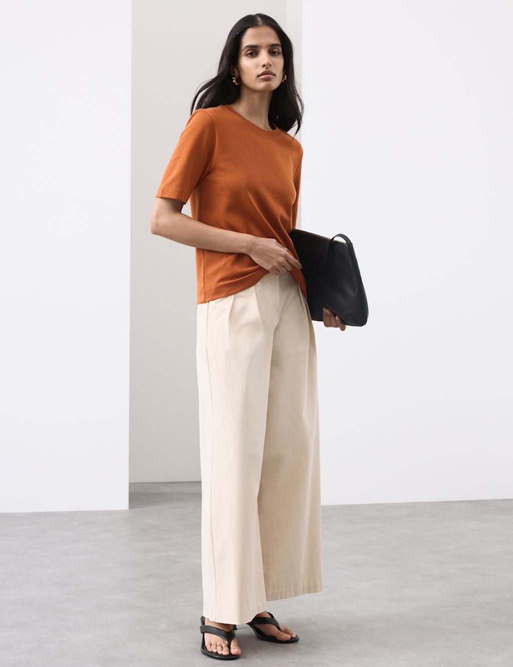 Autograph Cotton Blend Wide Leg Trousers - 10 - Ivory, Ivory
