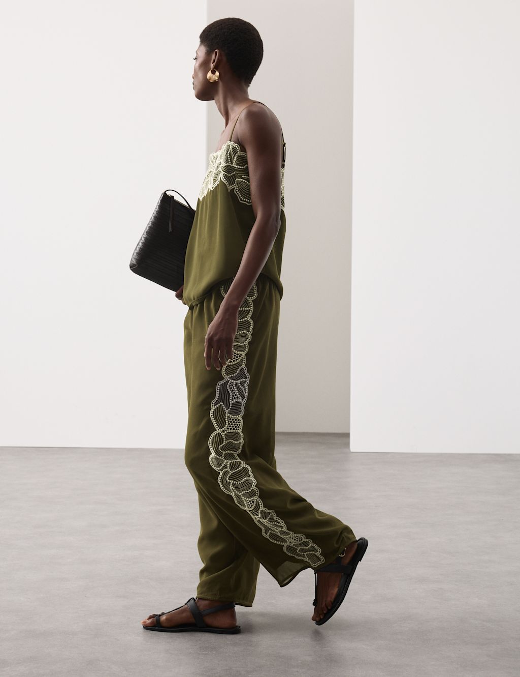 Autograph Floral Embroidered Wide Leg Trousers - 10 - Khaki, Khaki