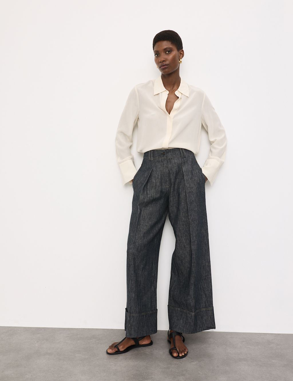 Autograph Linen Rich Cuffed Wide Leg Trousers - 10 - Denim, Denim