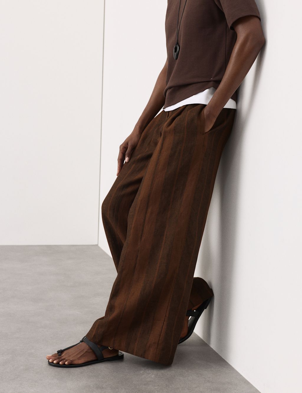 Autograph Pure Flax Linen Striped Wide Leg Trousers - 10 - Brown Mix, Brown Mix