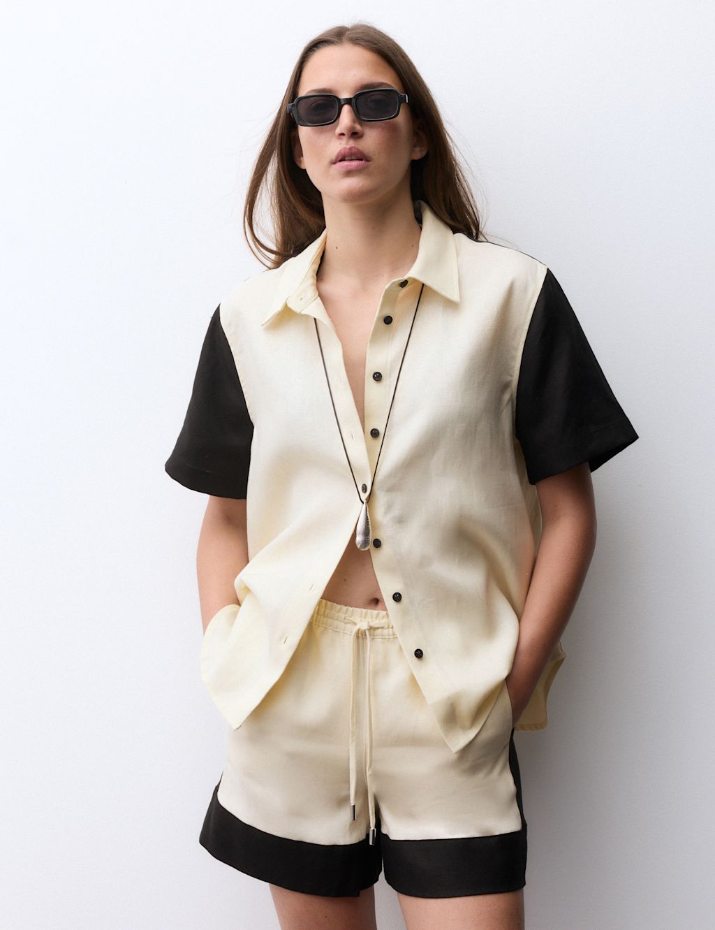 Autograph Pure Flax Linen Contrast Resort Shorts - 10 - Ivory Mix, Ivory Mix
