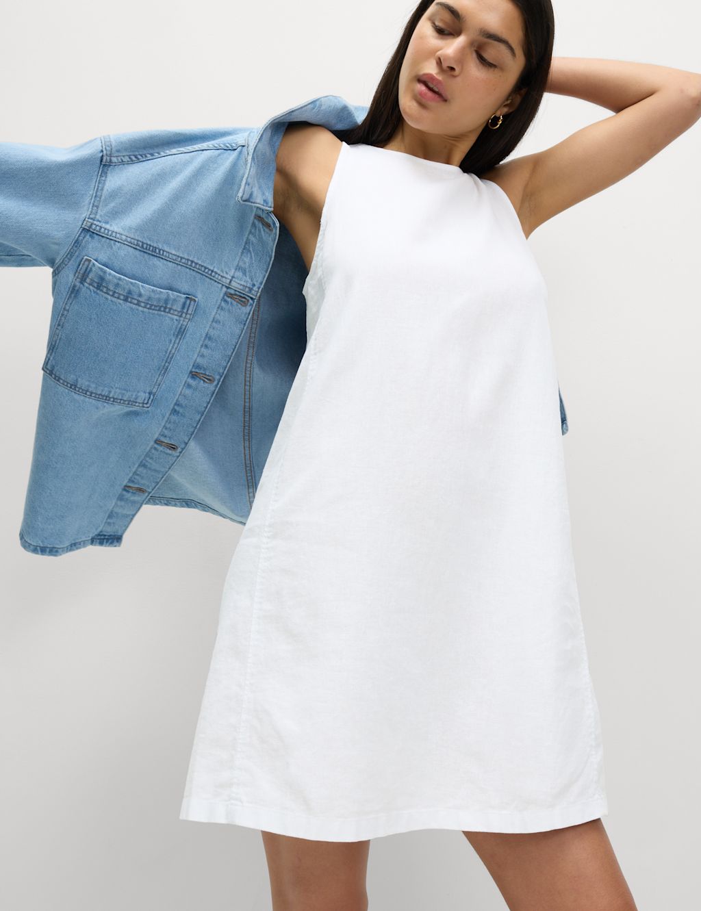 M&S Linen Rich Round Neck Mini Shift Dress - 10REG - White, White