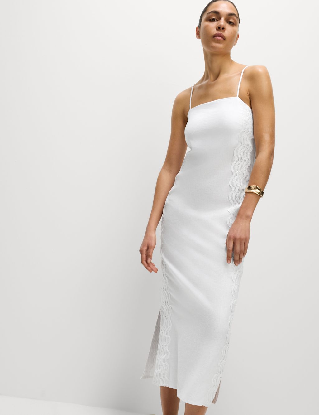 M&S Linen Rich Square Neck Strappy Midi Shift Dress - 10REG - White, White