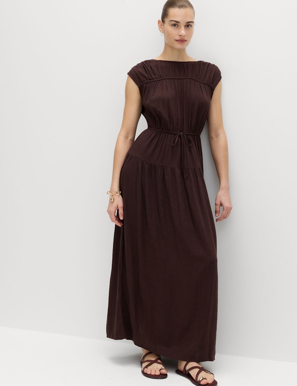 M&S Ruched Maxi Waisted Dress with Linen - 10 - Peat, Peat