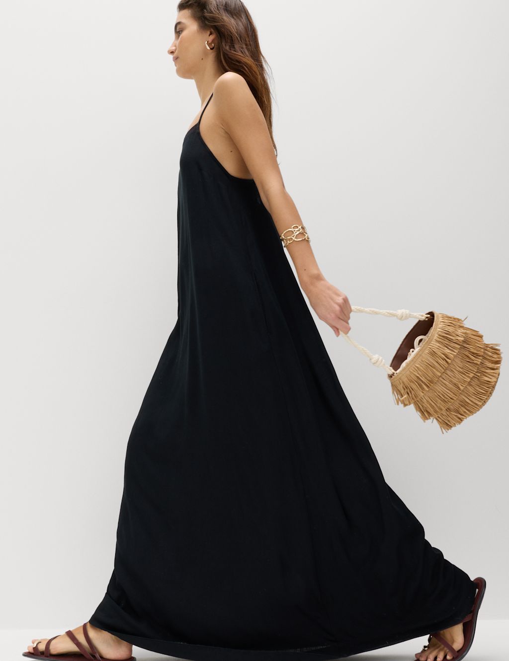 M&S Square Neck Lace Insert Maxi Shift Dress with Linen - 10 - Black, Black