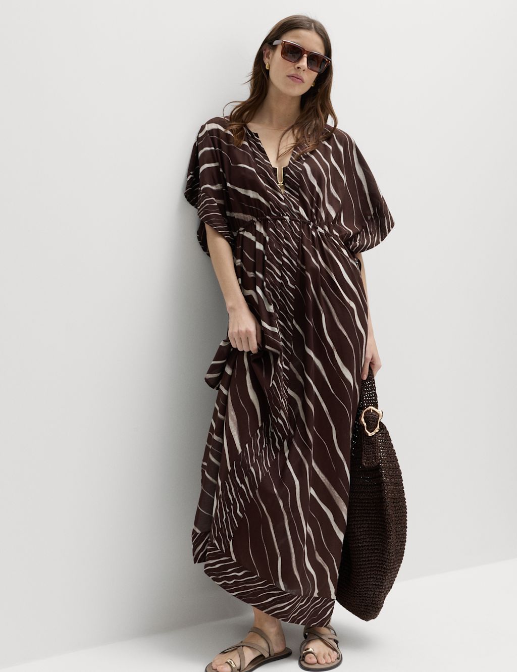 M&S Pure Cotton Animal Print Maxi Kaftan - Medium - Brown Mix, Brown Mix