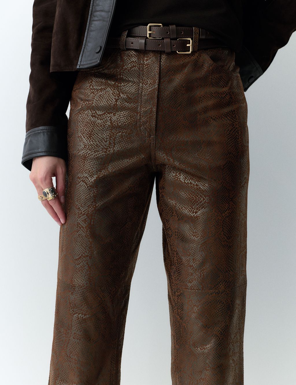 Per Una Leather Snake Print Straight Leg Trousers - 10 - Brown Mix, Brown Mix