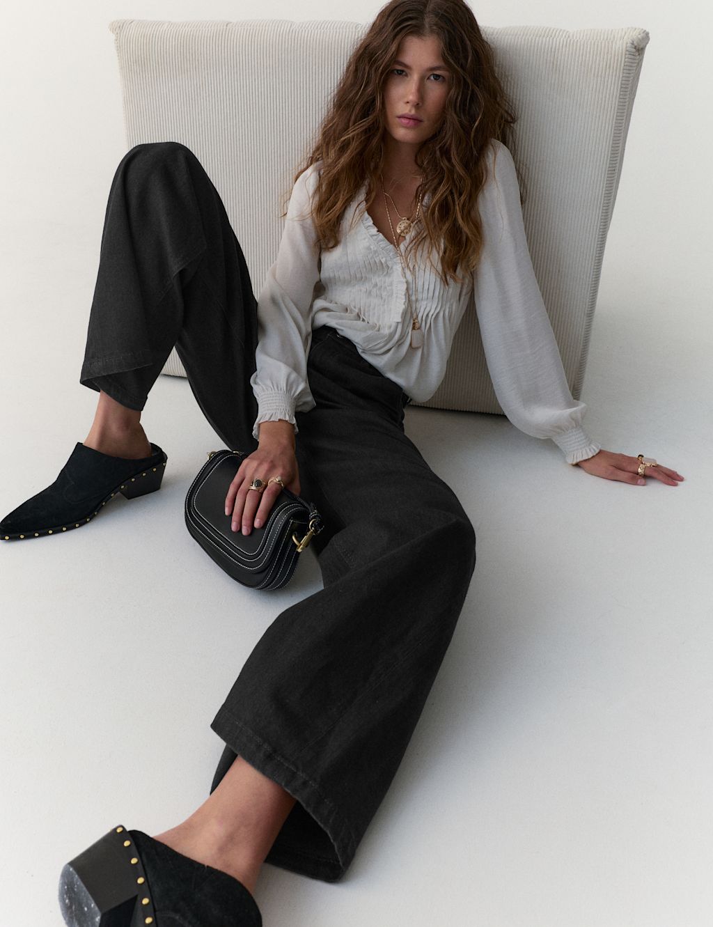 Per Una High Waisted Wide Leg Jeans with Lyocell - 6REG - Black Denim, Black Denim