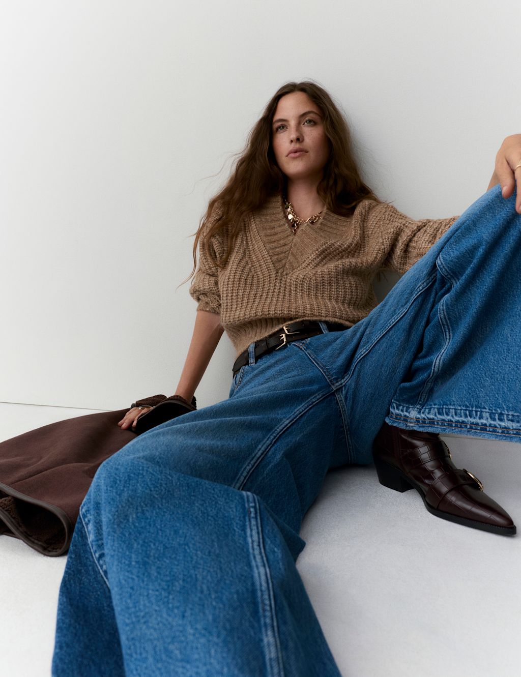 Per Una High Waisted Two Tone Wide Leg Jeans - 10REG - Indigo Mix, Indigo Mix