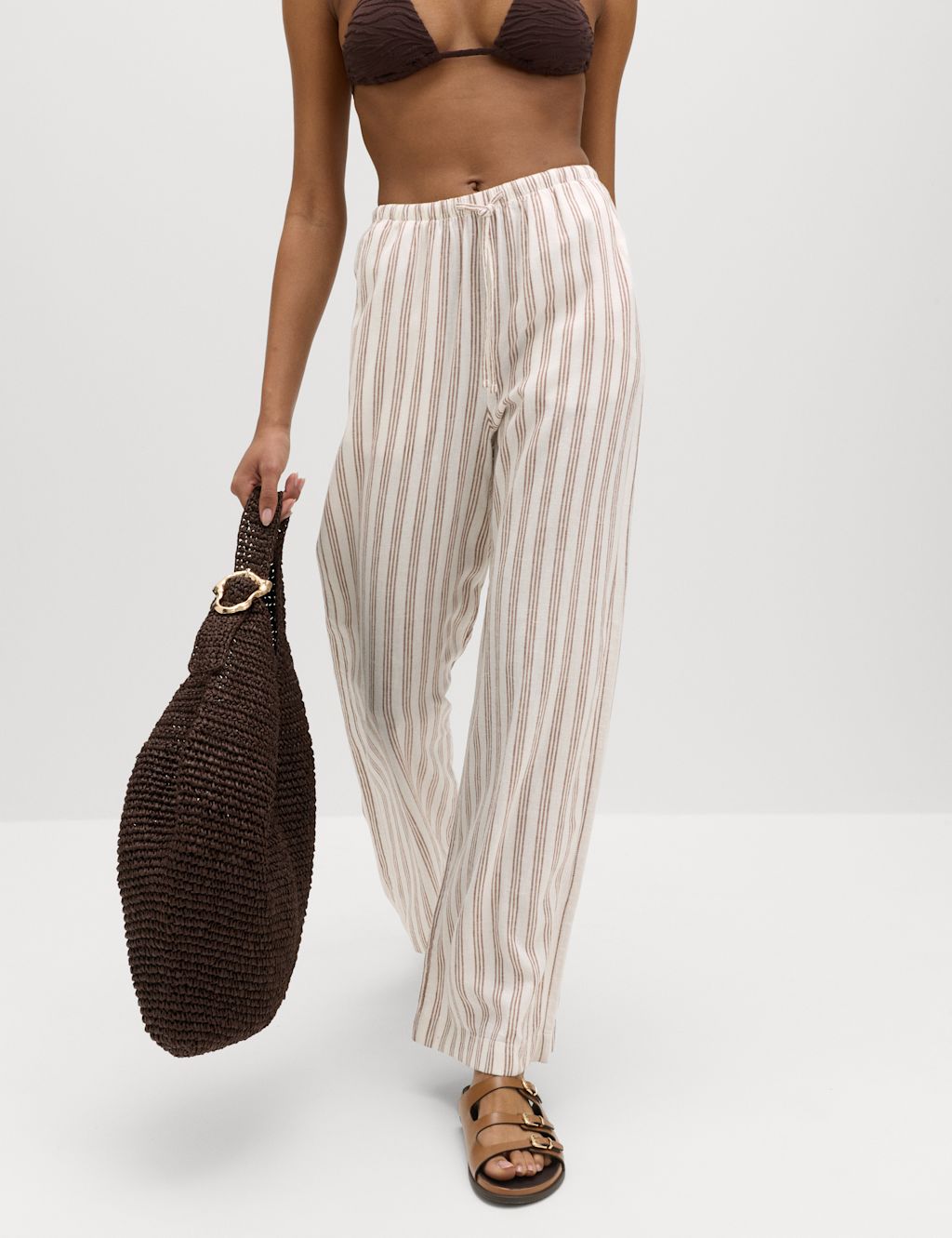 M&S Linen Rich Drawstring Wide Leg Trousers - 10 - Black Stripe, Black Stripe