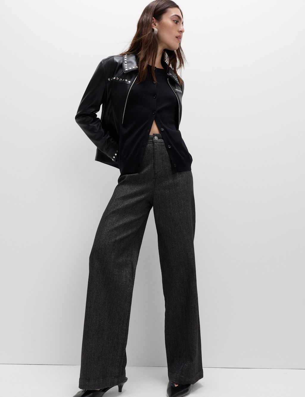 M&S High Waisted Shimmer Wide Leg Ankle Grazer Jeans - 8LNG - Black Mix, Black Mix