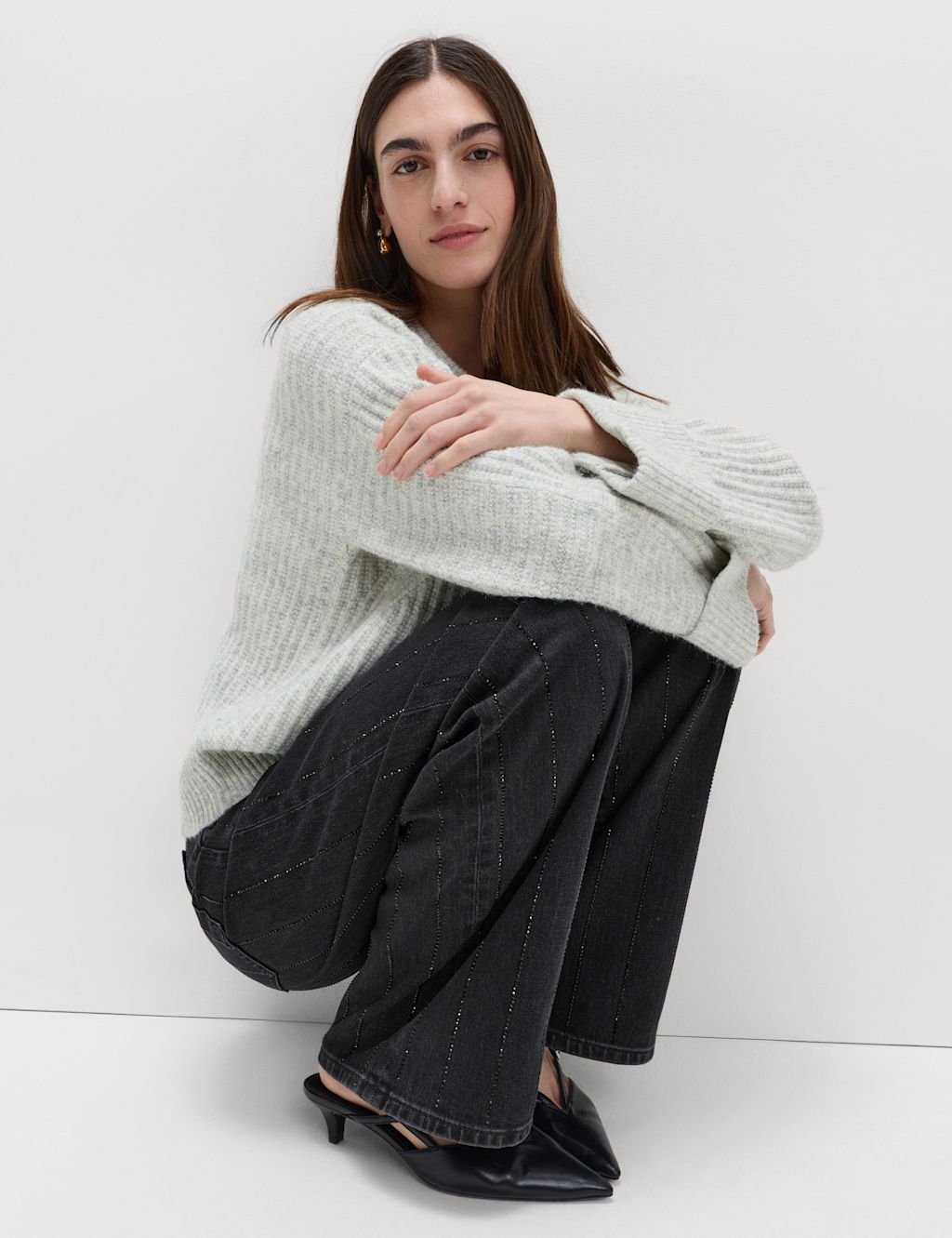 M&S High Waisted Embellished Stripe Wide Leg Jeans - 12SHT - Black, Black