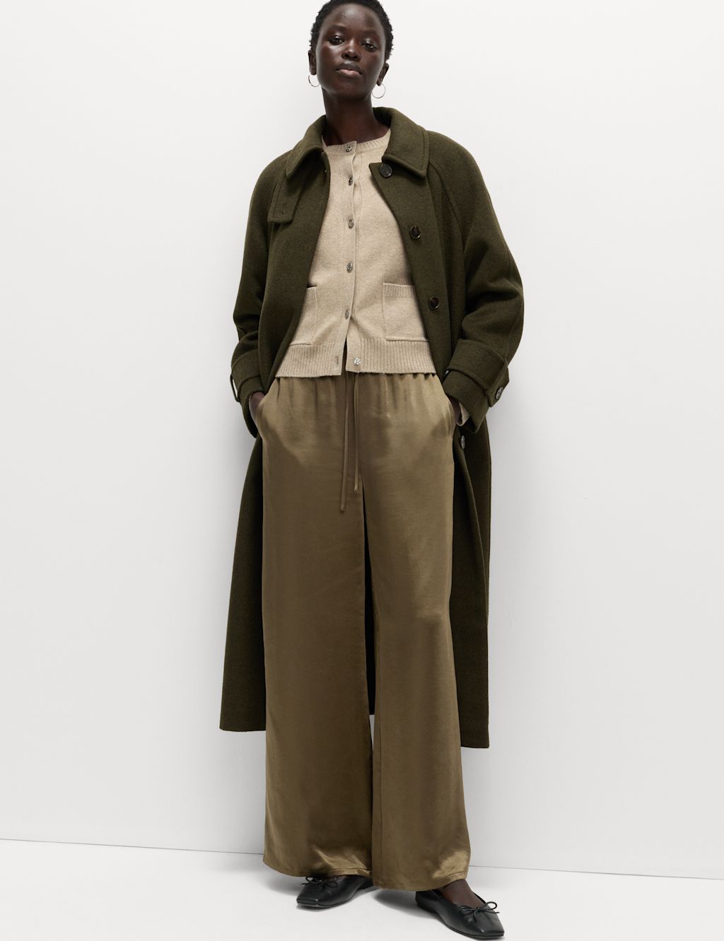 M&S Satin Drawstring Wide Leg Trousers - 20REG - Moss, Moss