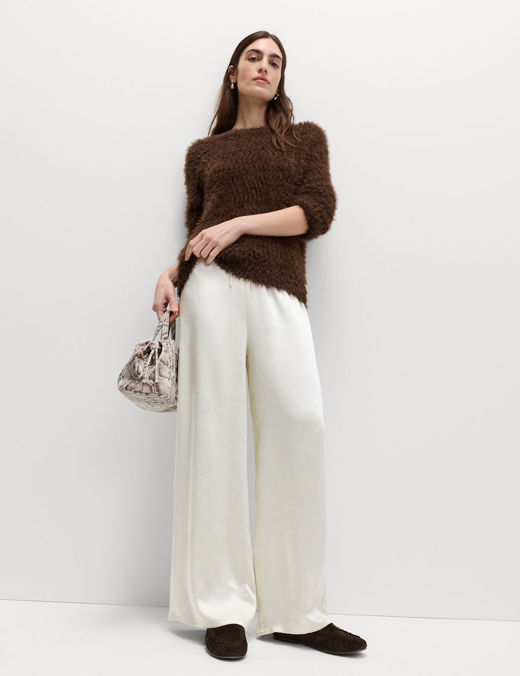 M&S Satin Drawstring Wide Leg Trousers - 16SHT - Ivory, Ivory