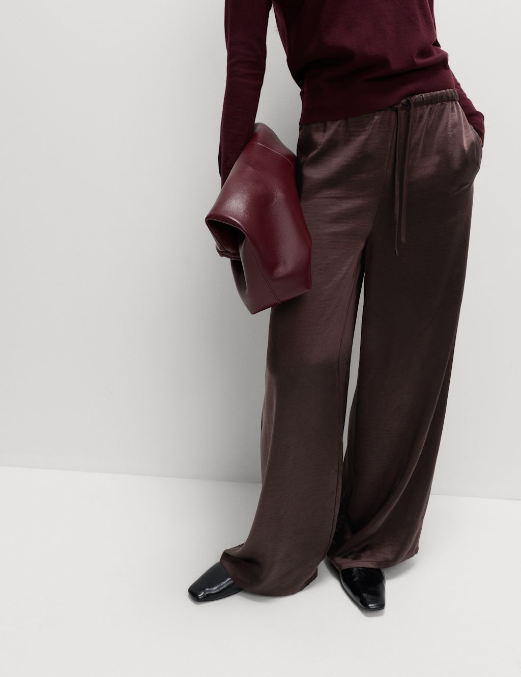 M&S Satin Drawstring Wide Leg Trousers - 20SHT - Dark Chocolate, Dark Chocolate