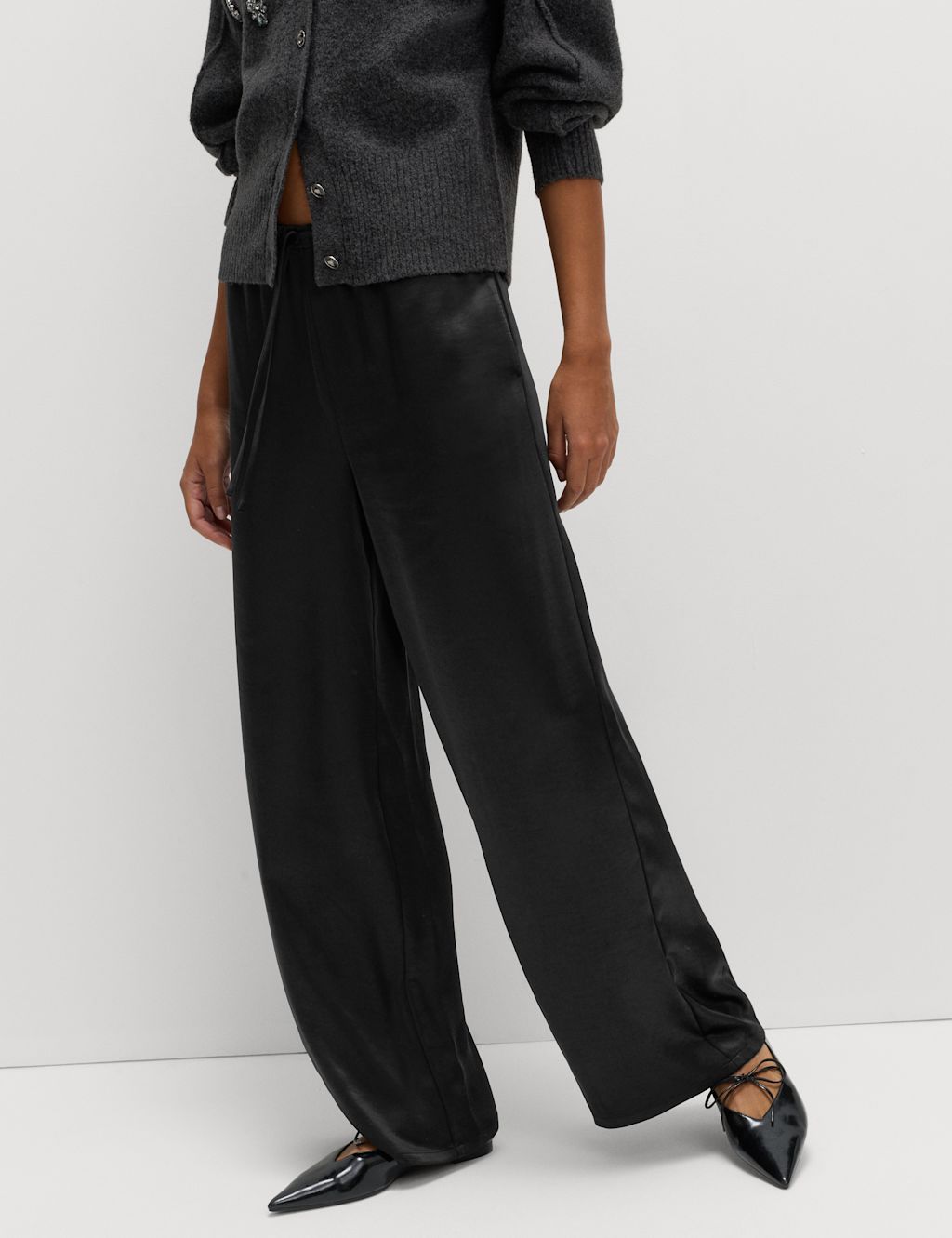 M&S Satin Drawstring Wide Leg Trousers - 16SHT - Black, Black