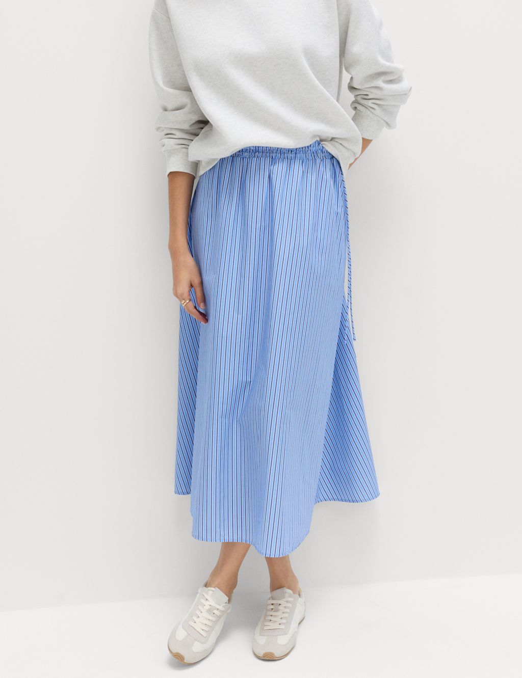 M&S Pure Cotton Poplin Striped Pleated Midi Skirt - 12 - Blue Mix, Blue Mix