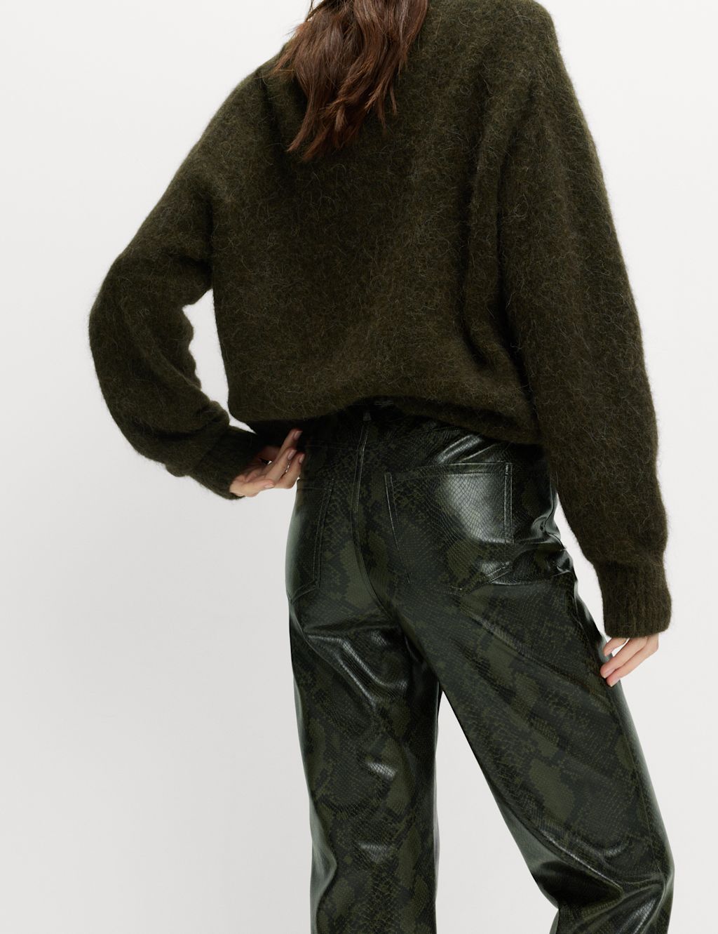 M&S Faux Leather Snake Print Straight Leg Trousers - 22XSH - Khaki Mix, Khaki Mix
