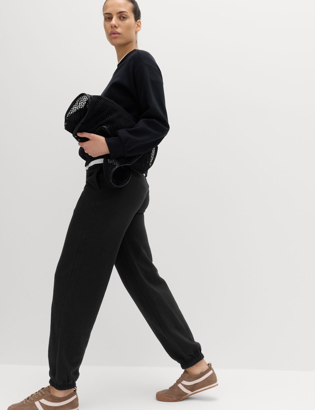 M&S Cotton Rich Cuffed Joggers - 10 - Black, Black