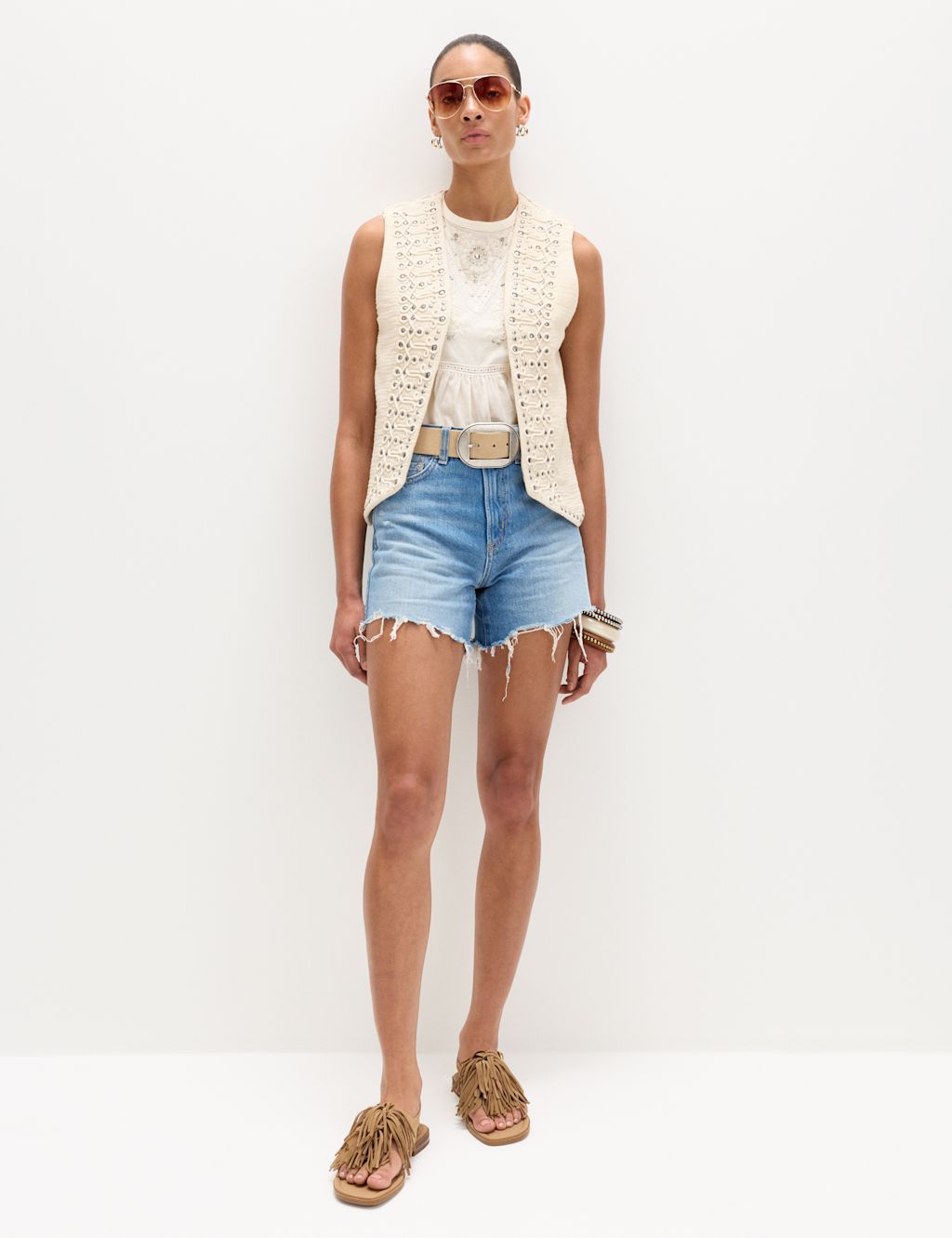 M&S High Waisted Raw Hem Denim Shorts - 20 - Medium Indigo, Medium Indigo