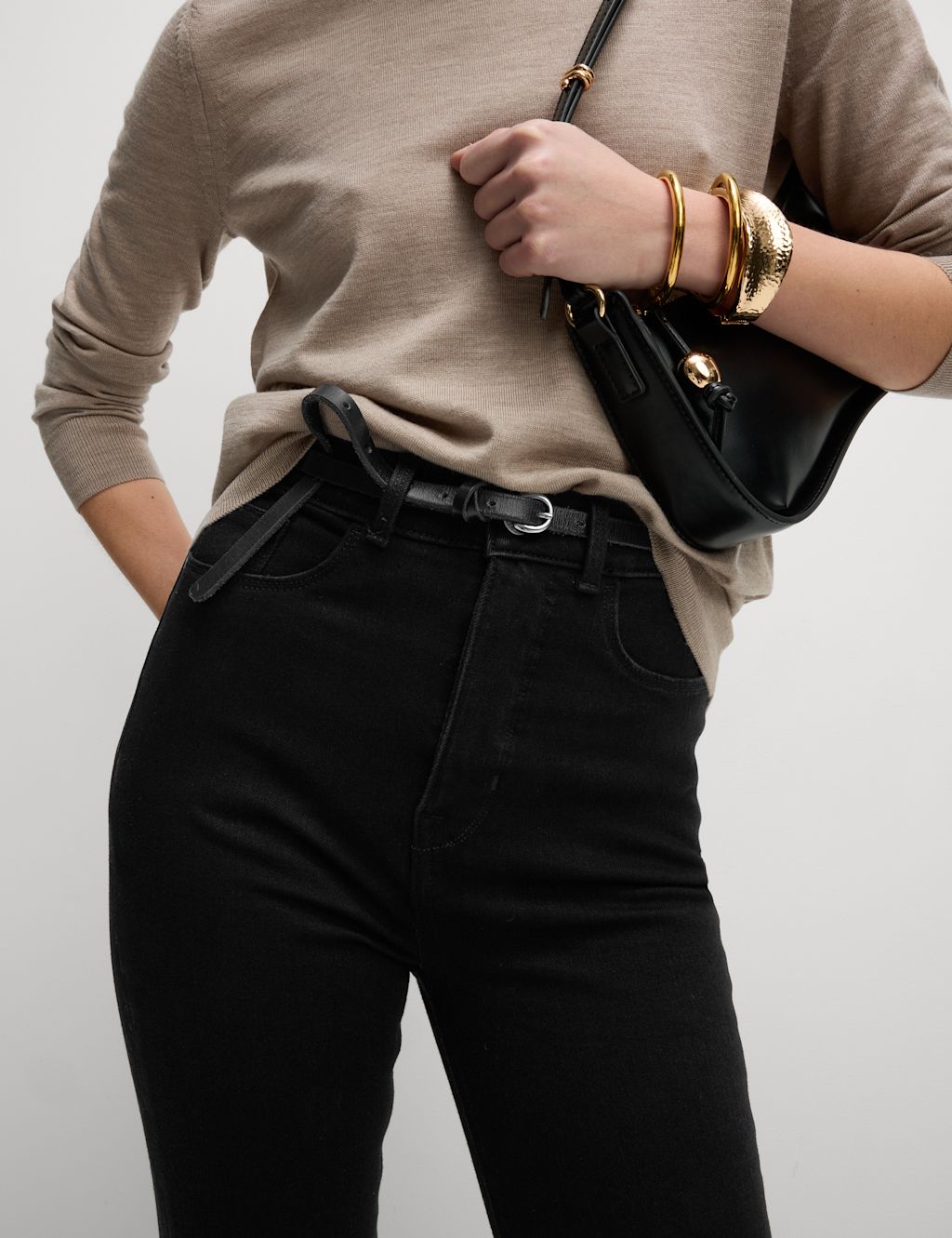 M&S Magic Shaping High Waisted Slim Flare Jeans - 8SHT - Black, Black