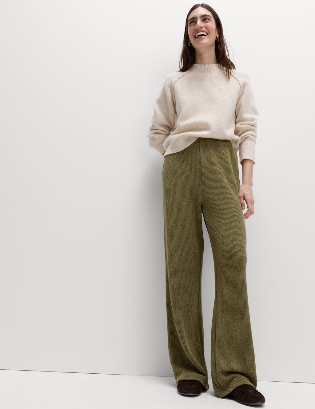 M&S Brushed Rib Wide Leg Trousers - 12XSH - Dark Khaki, Dark Khaki