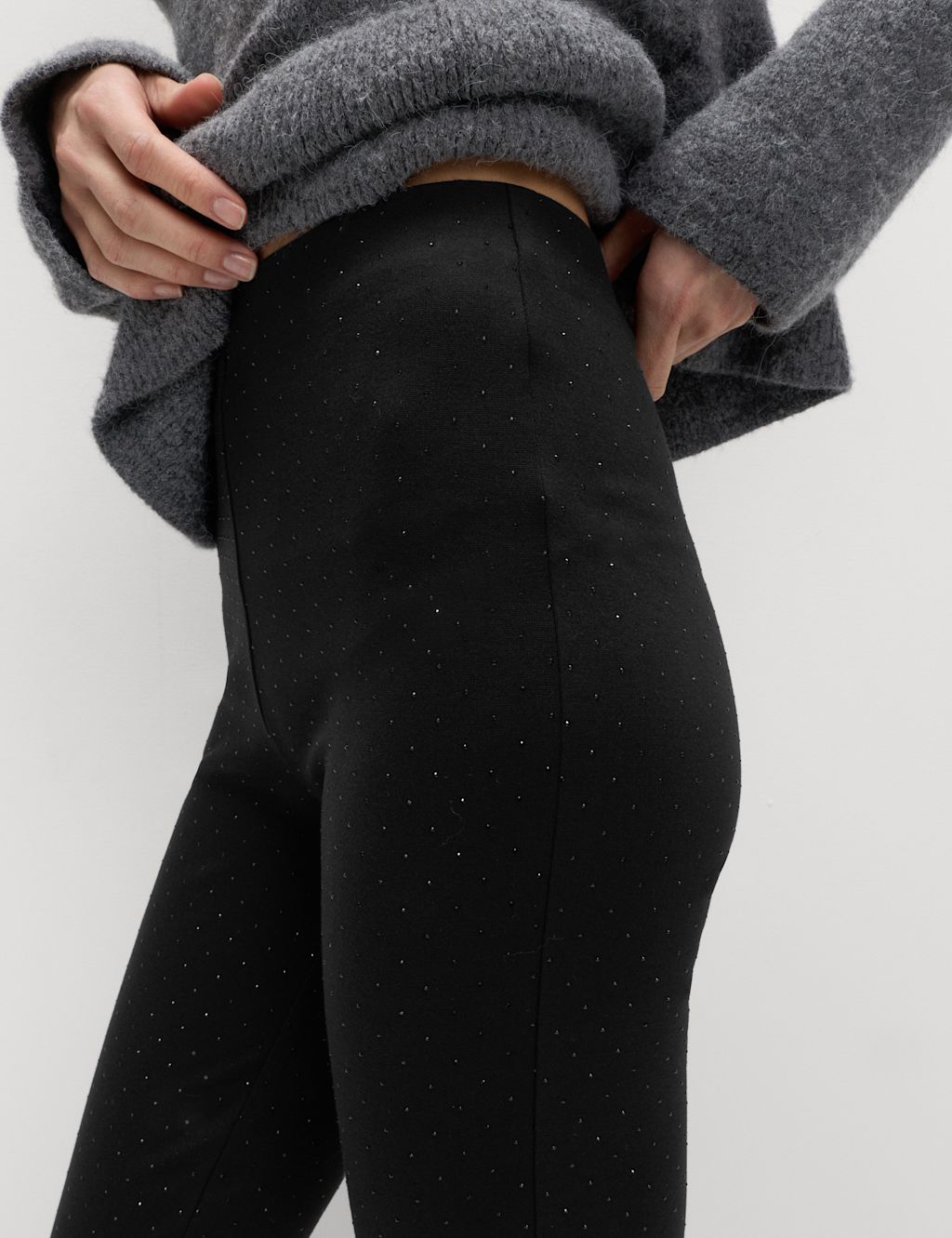 M&S Diamante High Waisted Leggings - 16LNG - Black, Black