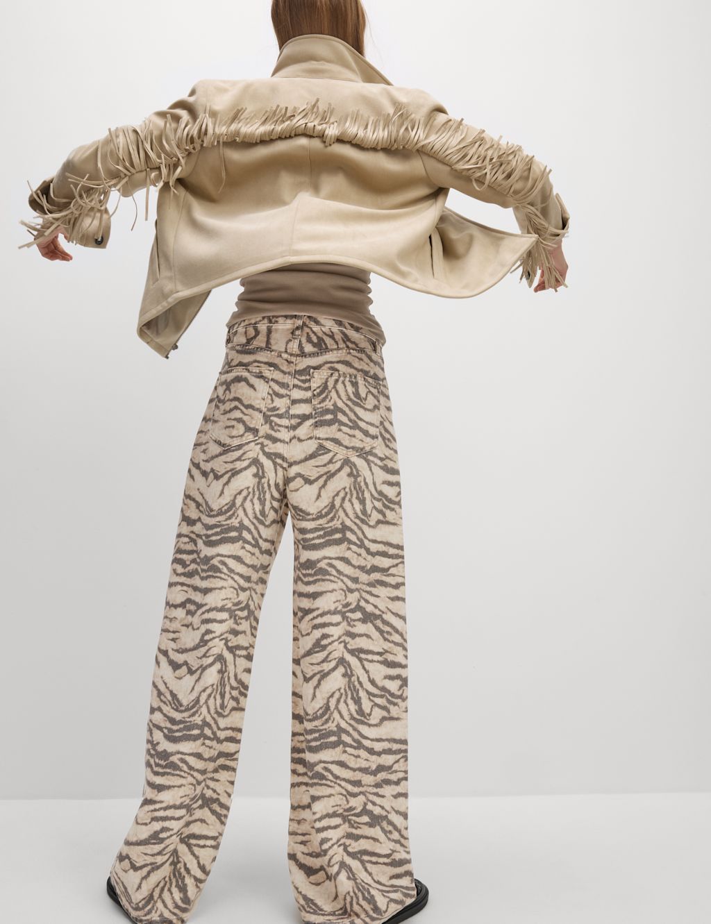 M&S Animal Print Wide Leg Jeans - 10LNG - Soft Brown Mix, Soft Brown Mix