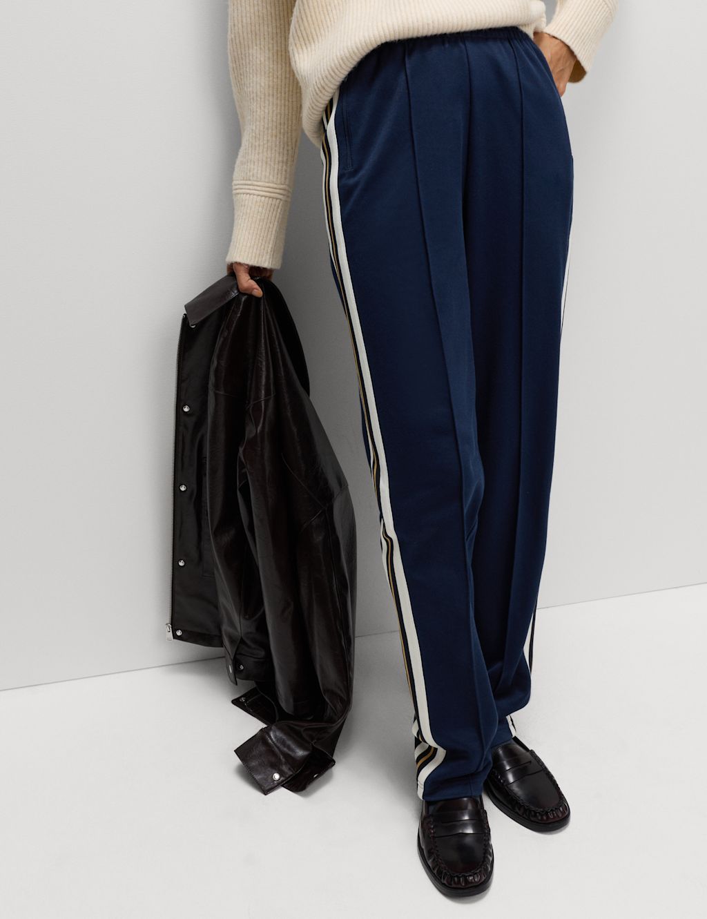 M&S Cotton Rich Retro Side Stripe Joggers - 18REG - Navy, Navy