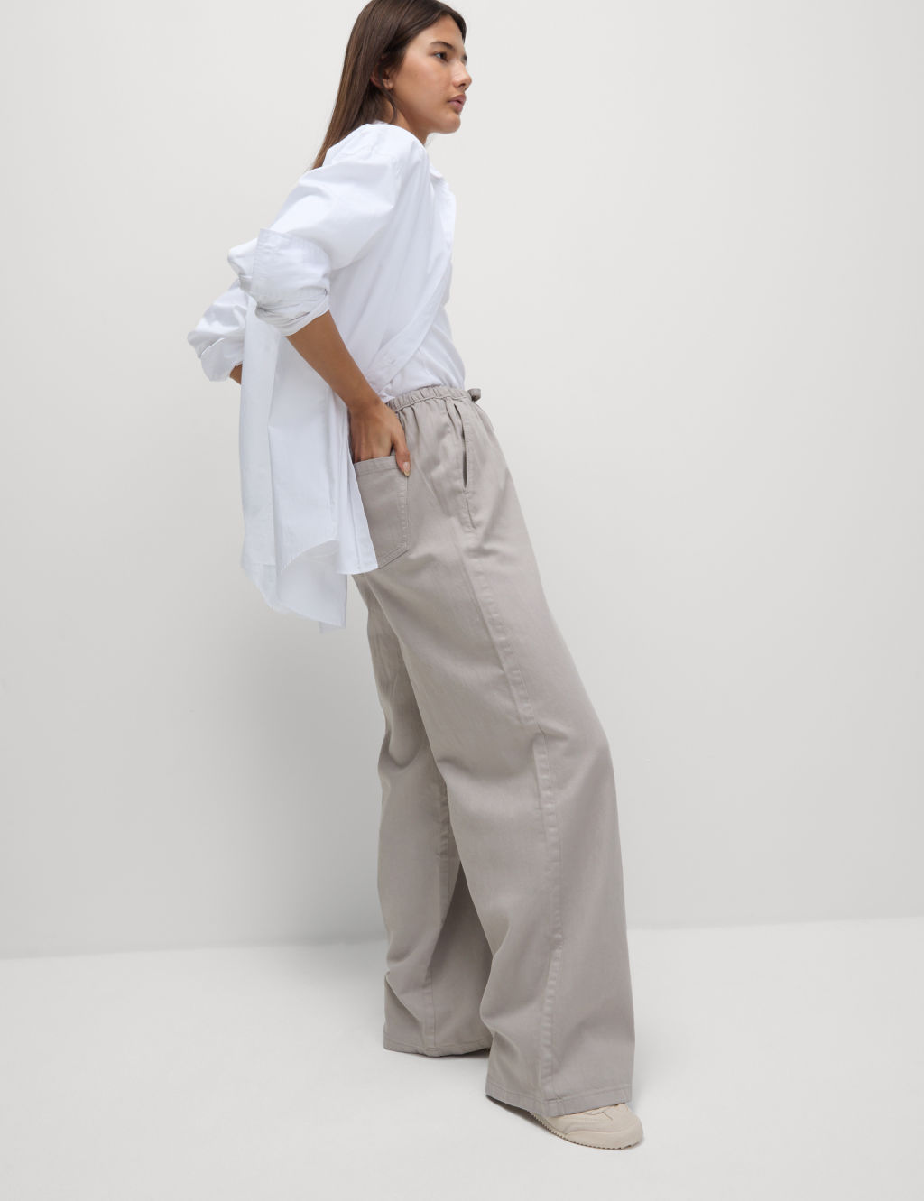 M&S Denim Drawstring Wide-Leg Trousers - 10LNG - Light Beige, Light Beige