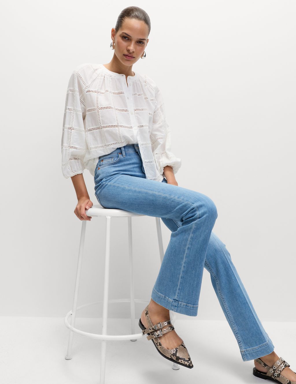 M&S High Waisted Crease Front Slim Flare Jeans - 18LNG - Light Indigo, Light Indigo