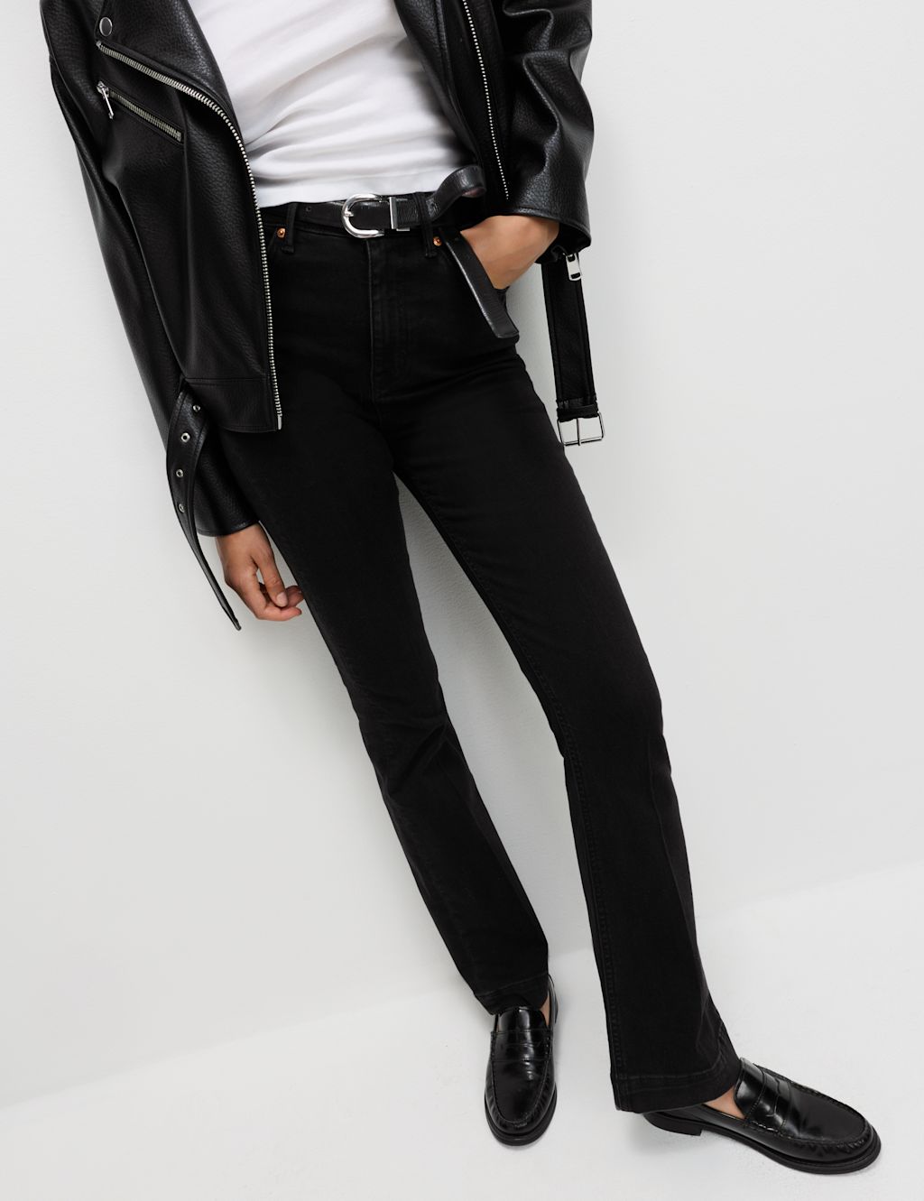 M&S High Waisted Crease Front Slim Flare Jeans - 16XSH - Black, Black