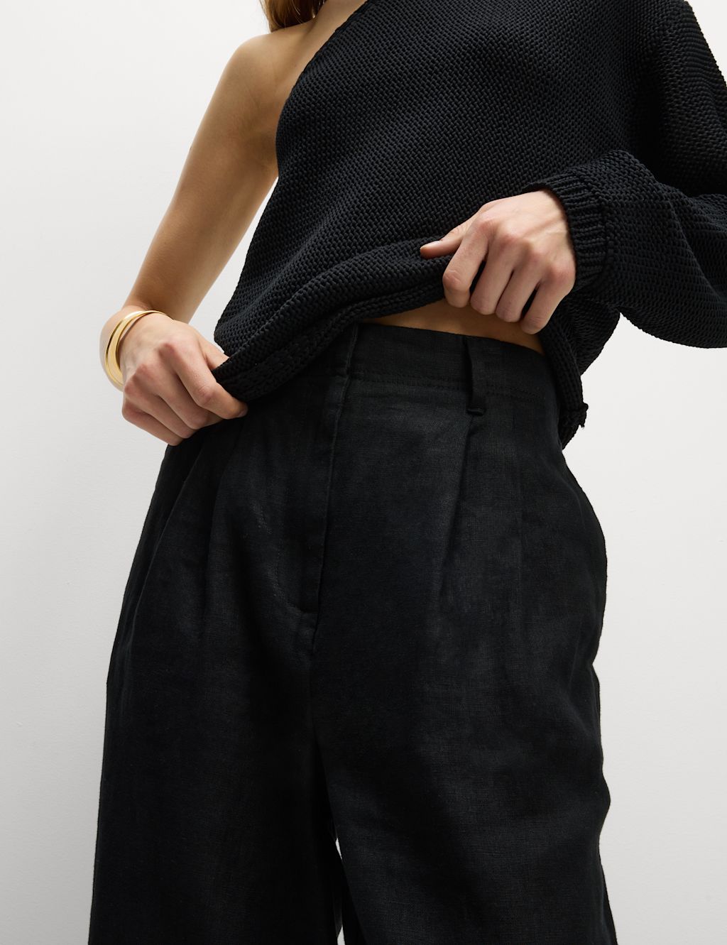 M&S Pure Linen Tapered Trousers - 14XSH - Black, Black